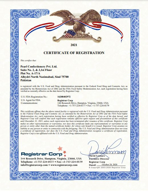 U.S. FDA Certificate of Registration for Pearl Confectionery